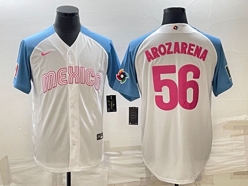 Men 2023 World Cub Mexico #56 Arozarena White blue Nike MLB Jersey1